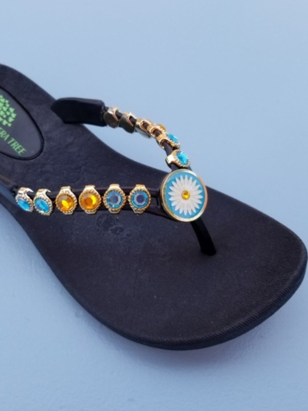 Embellished Black Flip Sandals with Blue & Gold Accents